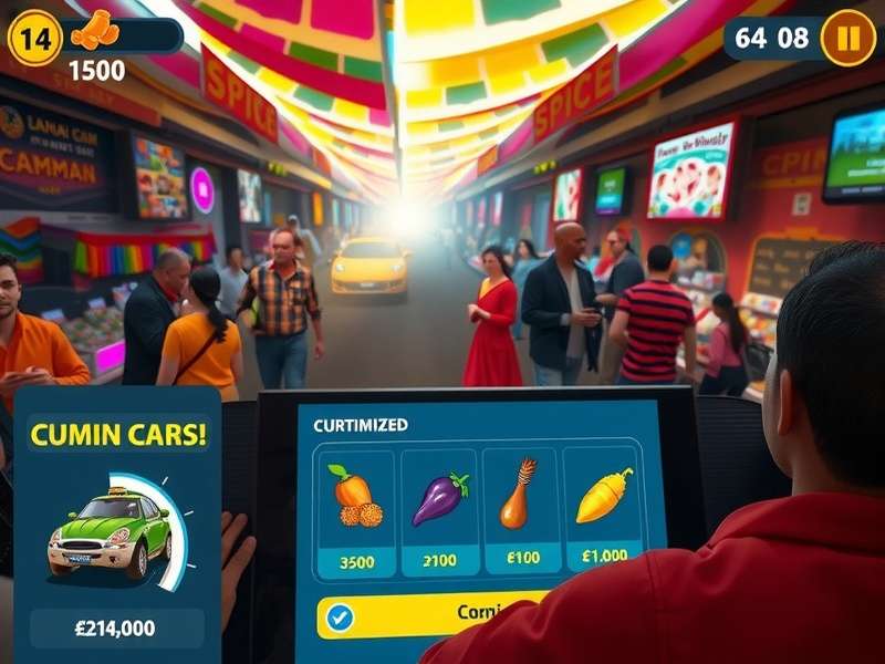 Indian Cumin Racer game screenshot showing a cumin-powered car racing through a colorful Indian market